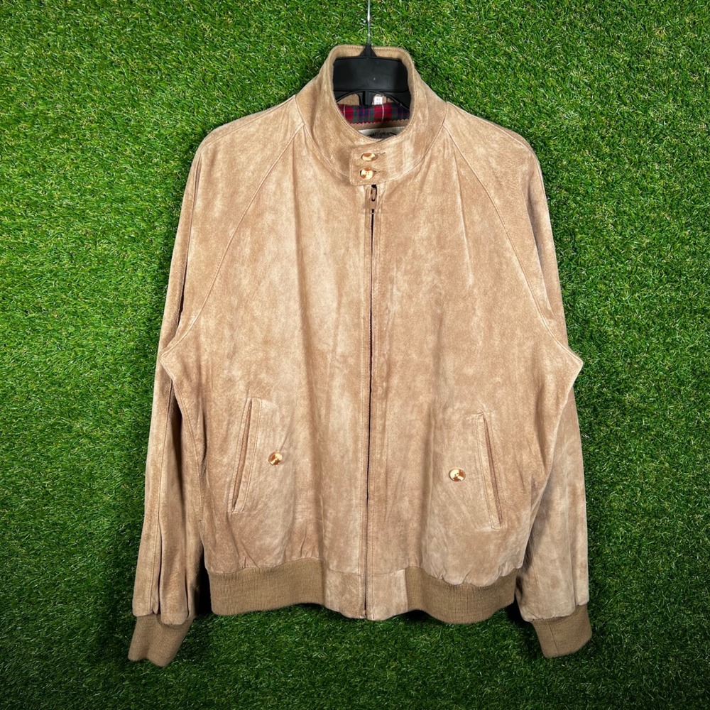Vintage Marlynn Traditions Ltd Tan Suede Bomber Jacket Plaid Lined Mens 44 REG L